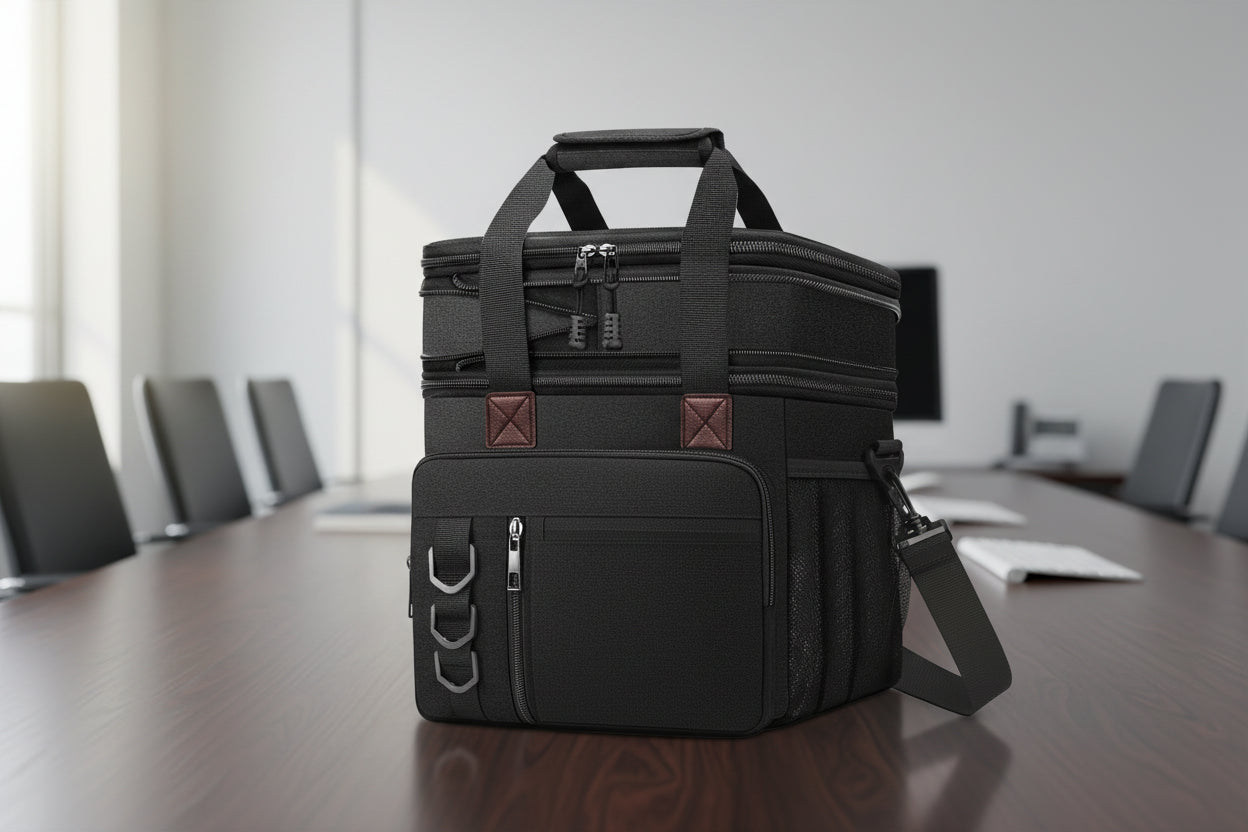 Black insulated cooler bag with multiple zippers and straps on a white background