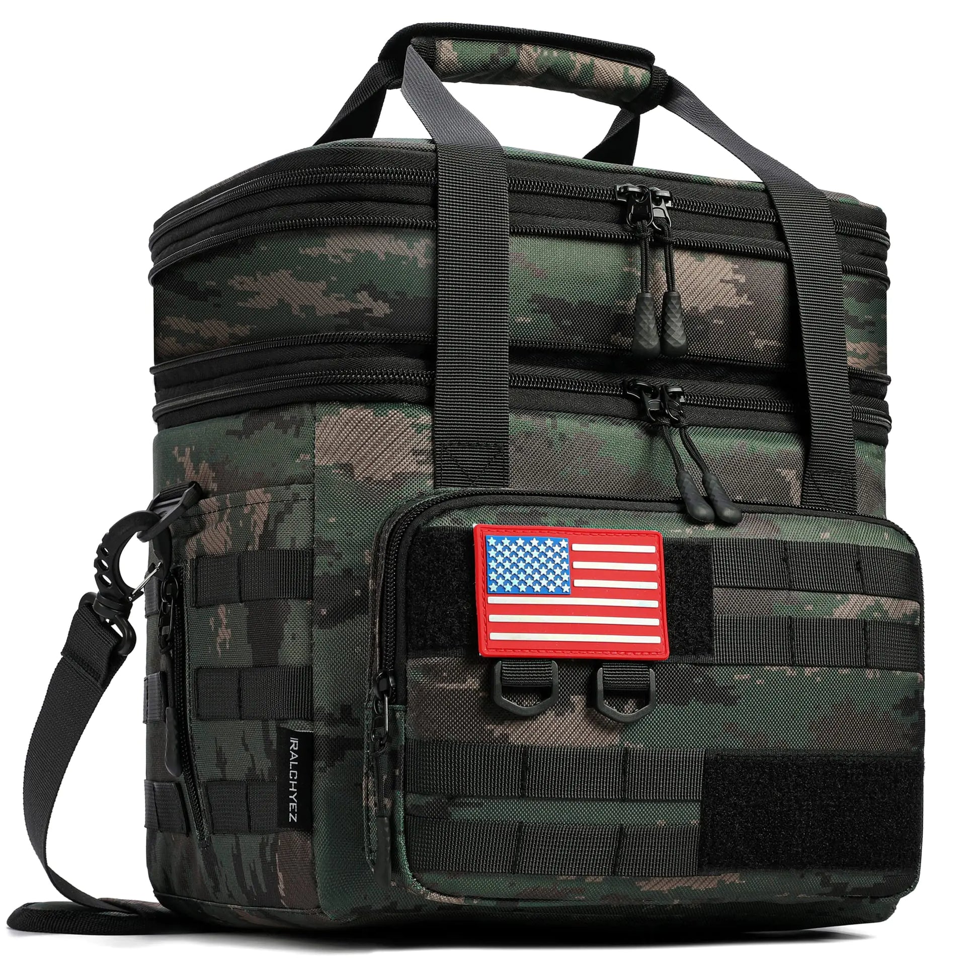 Camouflage backpack with American flag patch on a white background