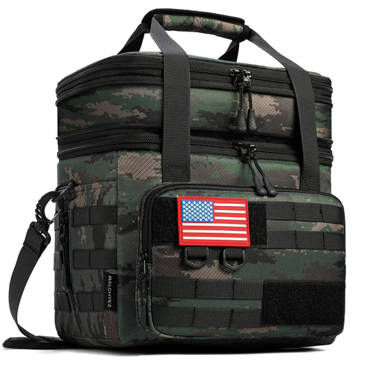Camouflage backpack with American flag patch on a white background